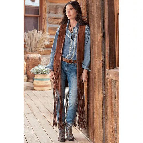 Retro vintage western suède vest – Jaren ’70, hippie cowgirl, kwastjes, effen kleur, dames, voor maskerade, casual, dagelijks, vrijgezellenfeest, volwassenen, alle seizoenen