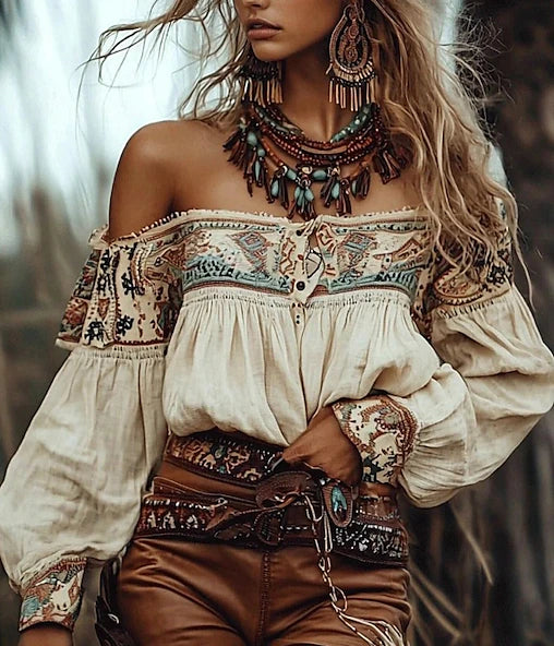 Dames westernblouse – Boho overhemd met bloemen, moderne boho stijl, lange mouwen, off-shoulder, reguliere pasvorm, dagelijkse top met print, abrikoos, zomer