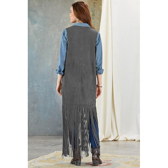 Retro vintage western suède vest – Jaren ’70, hippie cowgirl, kwastjes, effen kleur, dames, voor maskerade, casual, dagelijks, vrijgezellenfeest, volwassenen, alle seizoenen