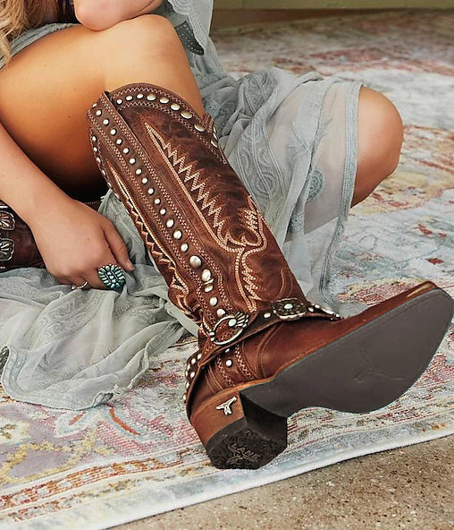 Jaren ’70 schoenen – Westernlaarzen met vierkante neus, hippie cowboystijl, dames, voor maskerade, feest/avond, Pride Parade, Pride Month, volwassenen