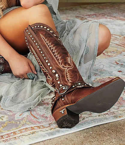 Jaren ’70 schoenen – Westernlaarzen met vierkante neus, hippie cowboystijl, dames, voor maskerade, feest/avond, Pride Parade, Pride Month, volwassenen