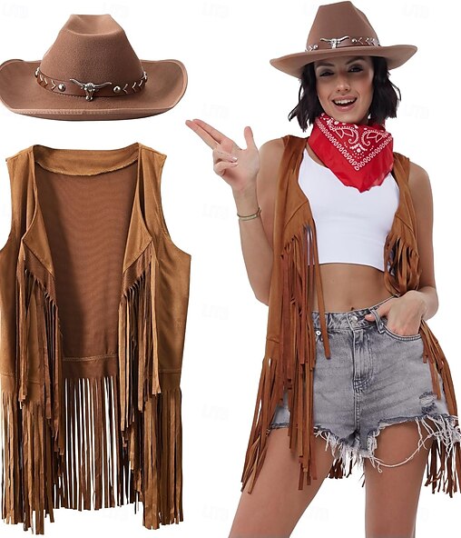 Westernoutfits voor dames – Cowgirl, mouwloos vest met kwastjes, cowboyhoed en paisley bandana
