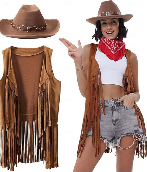 Westernoutfits voor dames – Cowgirl, mouwloos vest met kwastjes, cowboyhoed en paisley bandana